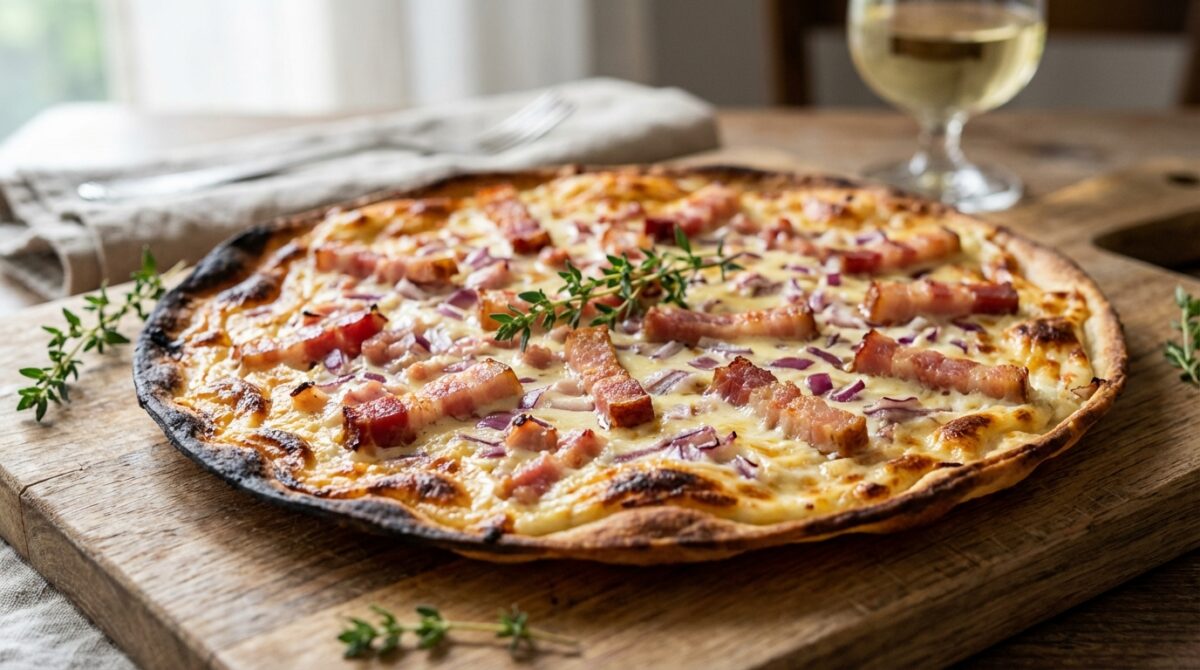 genießen sie elsässer flammkuchen vom blech mit knusprigem dinkelteig, cremigem schmand und herzhaftem speck – ein leckerer genuss aus dem ofen.