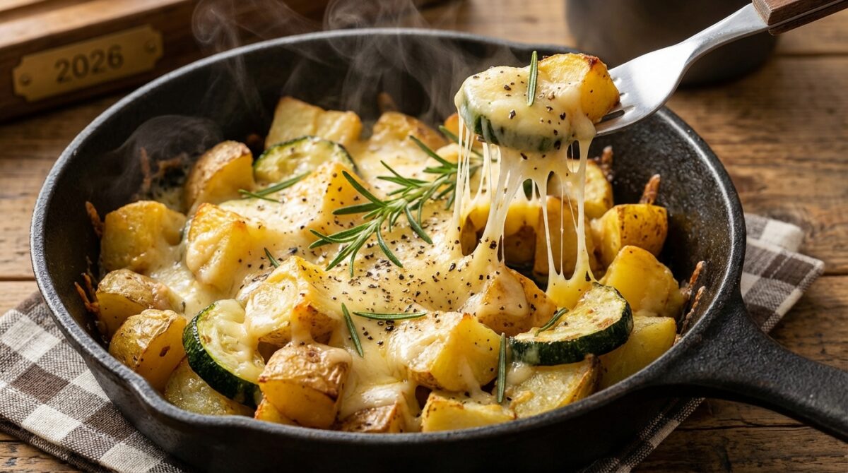 entdecken sie die knusprige goldbraune kartoffel-zucchini-pfanne mit geschmolzenem gouda – ein köstlicher genuss aus einer einzigen pfanne, perfekt für schnelle und leckere mahlzeiten.