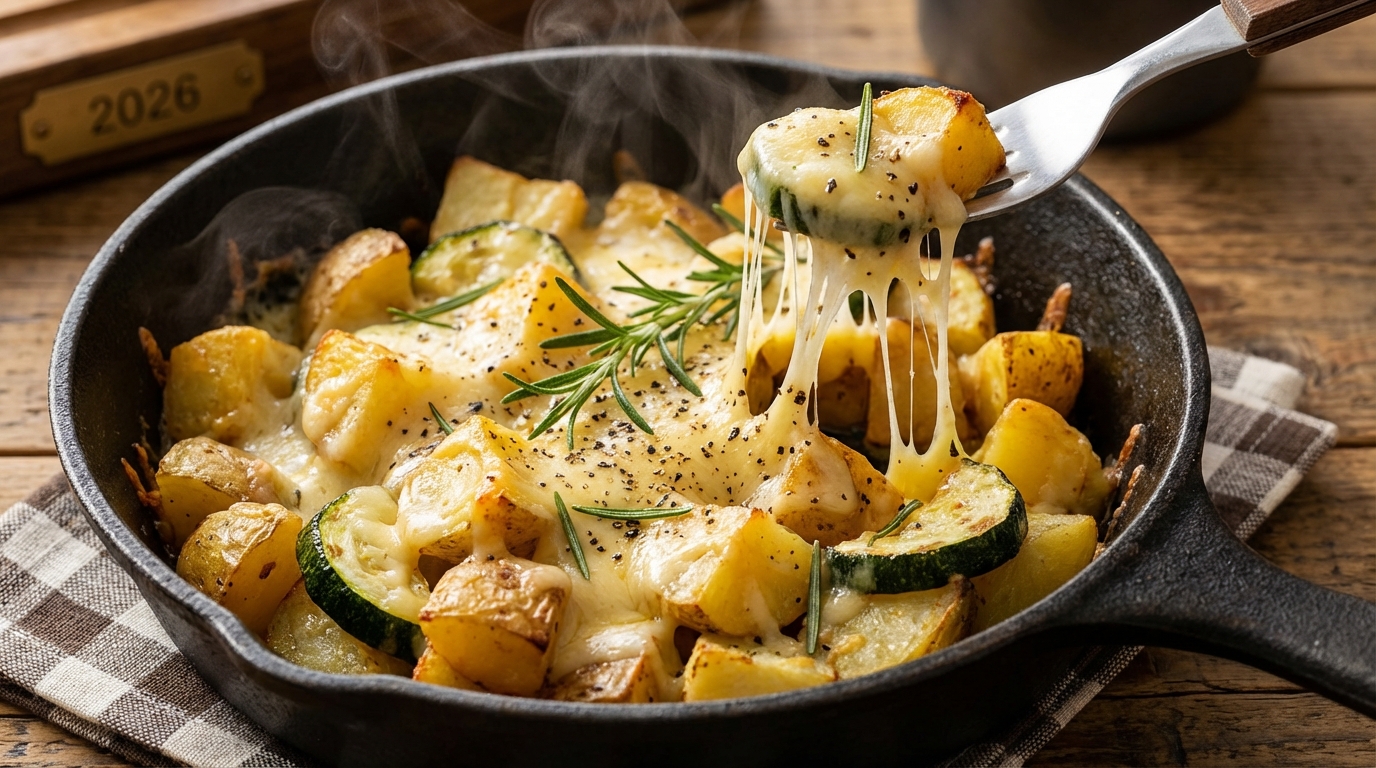 entdecken sie die knusprige goldbraune kartoffel-zucchini-pfanne mit geschmolzenem gouda – ein köstlicher genuss aus einer einzigen pfanne, perfekt für schnelle und leckere mahlzeiten.