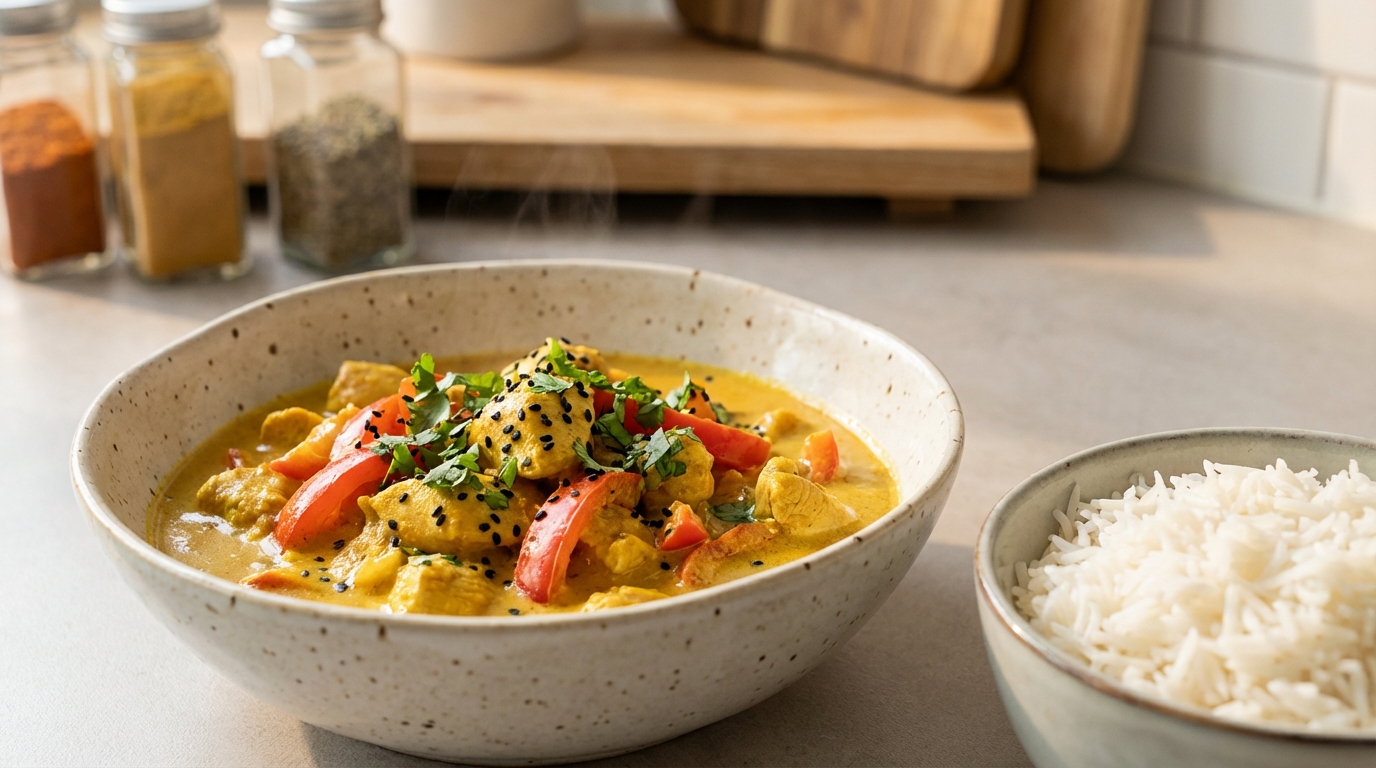 genießen sie unser cremiges und mild scharfes hähnchen-paprika-curry mit reis, das in kurzer zeit zubereitet ist – perfekt für ein schnelles und leckeres abendessen.
