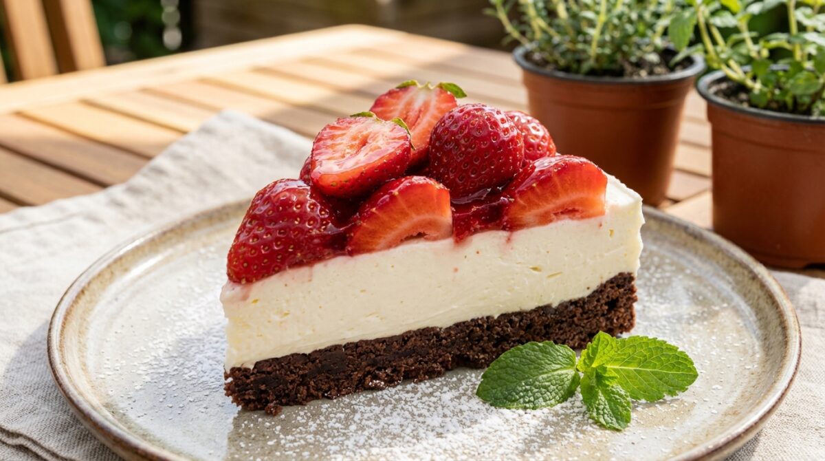 entdecken sie den erfrischenden erdbeer-schokoladentraum: ein no-bake kuchen mit knusprigem keksboden, perfekt für sommerliche genussmomente.