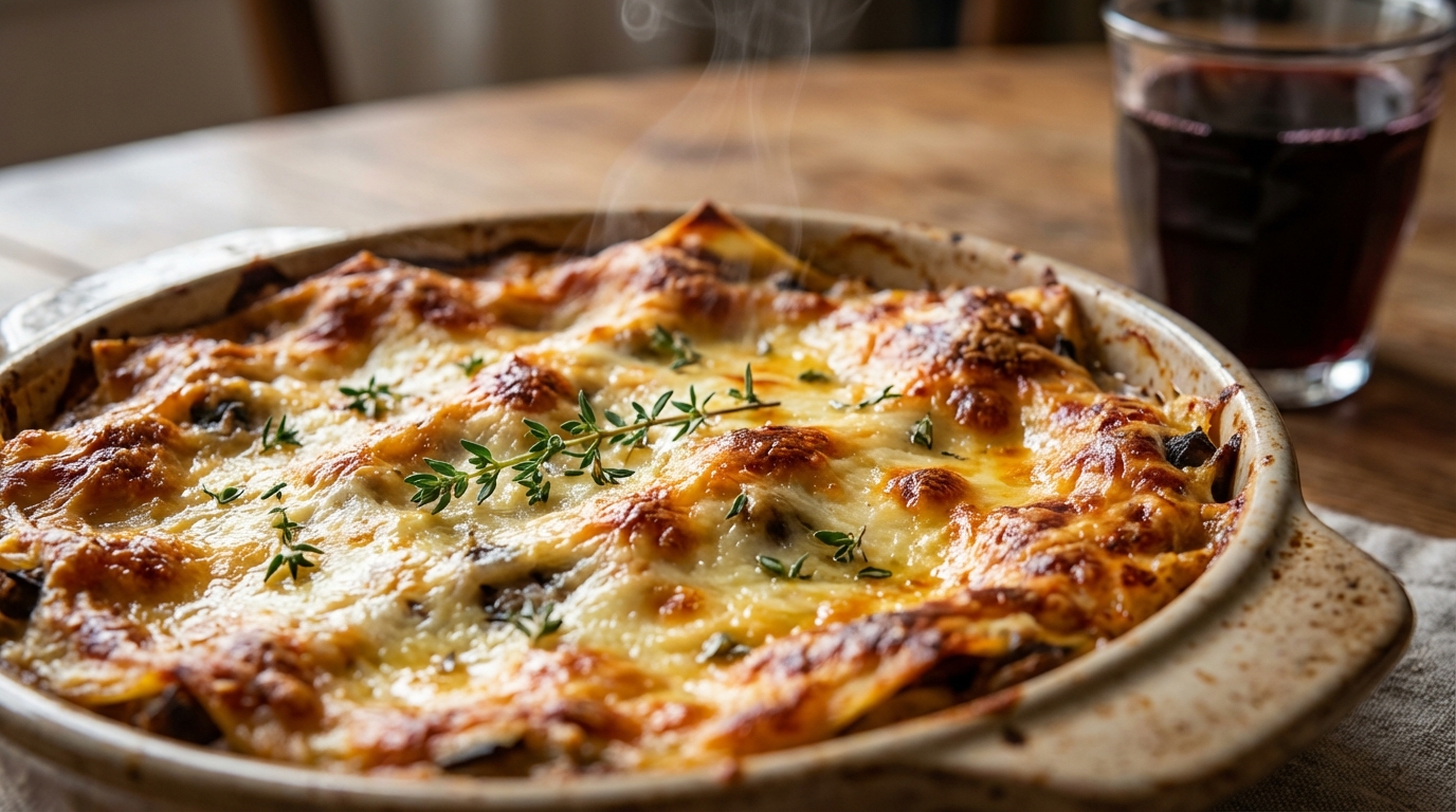 genießen sie eine köstliche vegetarische pilzlasagne aus dem ofen, verfeinert mit cremiger béchamelsauce und einer goldbraunen kruste – perfekt für jeden anlass.
