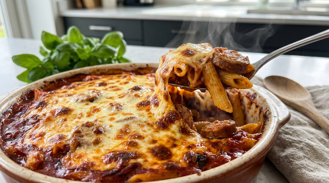 leckeres nudelauflauf-rezept ohne sahne mit würziger bratwurst-tomatensauce und knuspriger mozzarella-kruste, ideal für den ofen.