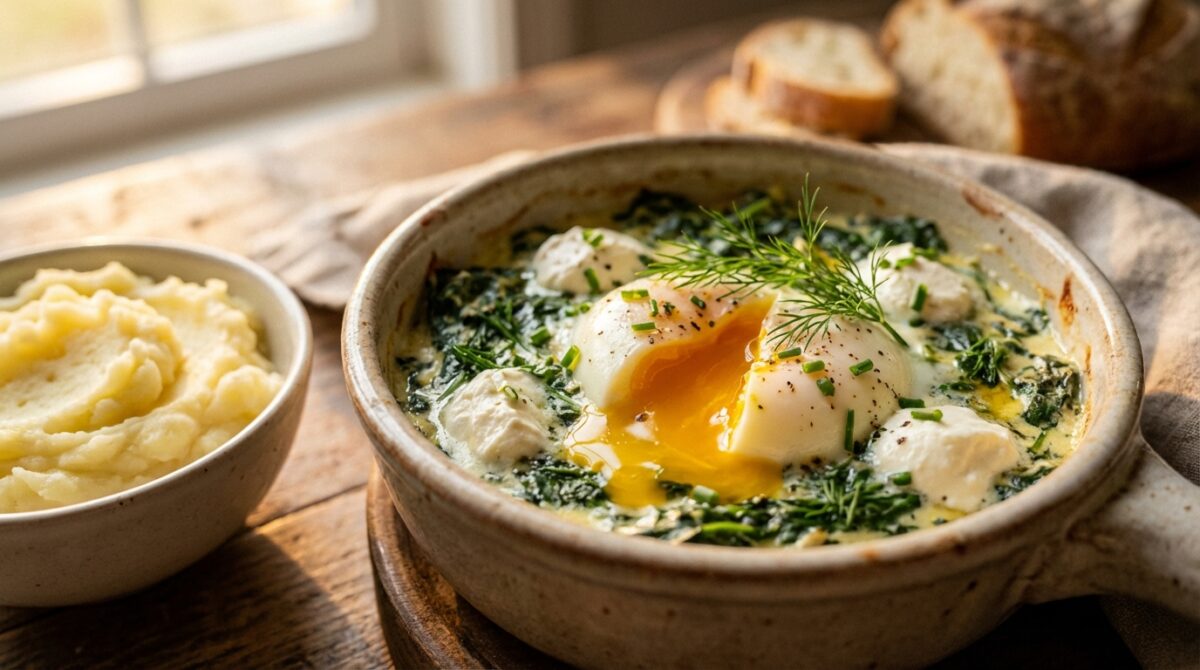 leckeres ofenei auf cremigem rahmspinat mit frischem frischkäse, serviert mit herzhaftem kartoffelpüree – ein einfaches und köstliches gericht für jeden tag.