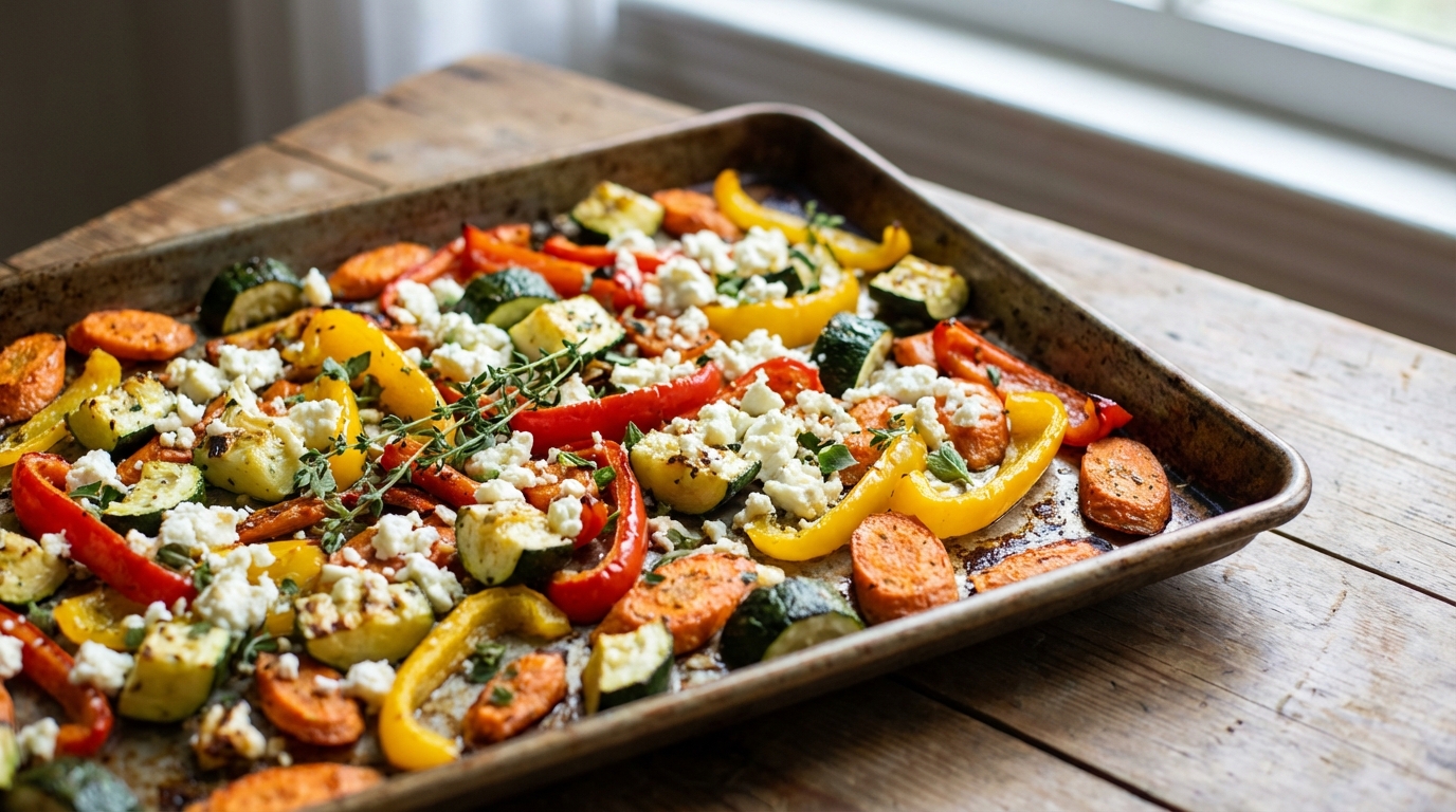 ein einfaches und sättigendes rezept für ofengemüse vom blech mit würzigem feta, perfekt kombiniert mit einem frischen joghurt-dip. gesund und lecker für jeden tag.