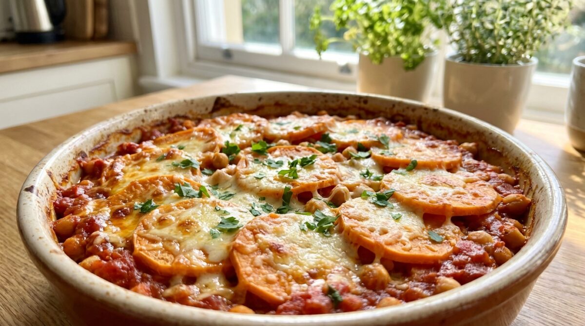 entdecken sie eine würzige und cremige süßkartoffel-lasagne mit kichererbsen – ganz ohne herkömmliche nudelplatten. ein gesundes, leckeres und veganes gericht für jede gelegenheit.